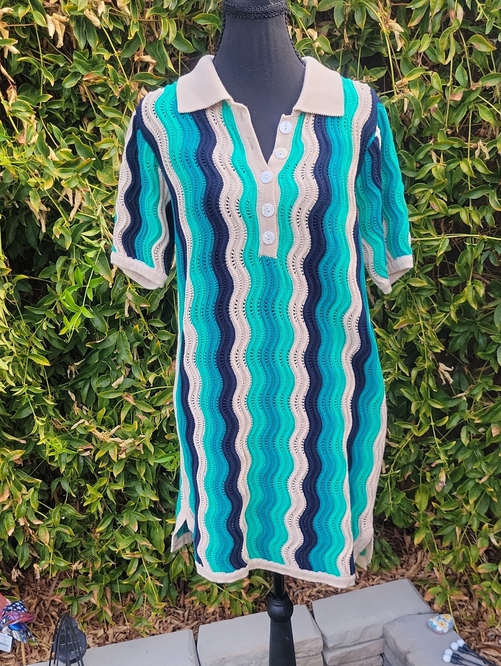 Heartloom "Carlisle" Teal, Navy & Cream Chevron Pointelle Knit Polo Mini Dress